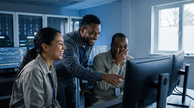 Diverse team analyzing data on a monitor in a data center control room