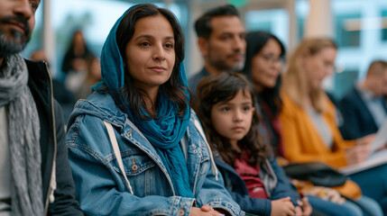 Obraz premium Asylum seeker family sitting quietly in courthouse waiting area before immigration hearing, worn travel documents clutched carefully, interpreter seated nearby, legal aid attorney reviewing case not