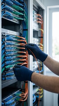Gloved hands wiring colorful network cables into a data center patch panel