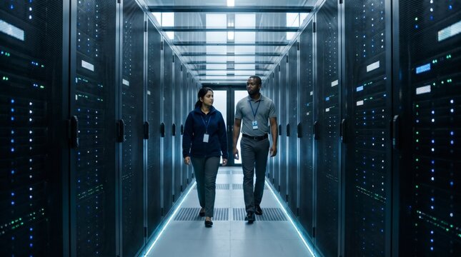 Two engineers walking through an illuminated server aisle in a modern data center