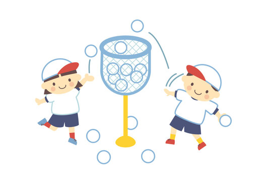 運動会で玉入れをする白組の男の子と女の子