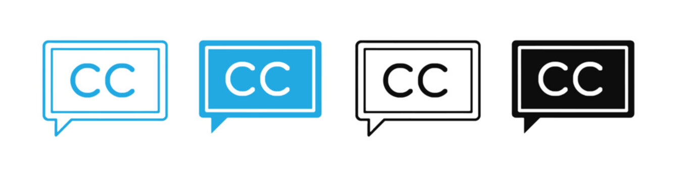 Caption CC Icon  Closed Set Vector Illustration, Modern Subtitle, Video Caption and Accessibility Speech Bubble Symbols in Outline, Solid, Black and Blue Styles for Media, UI and Web Design .