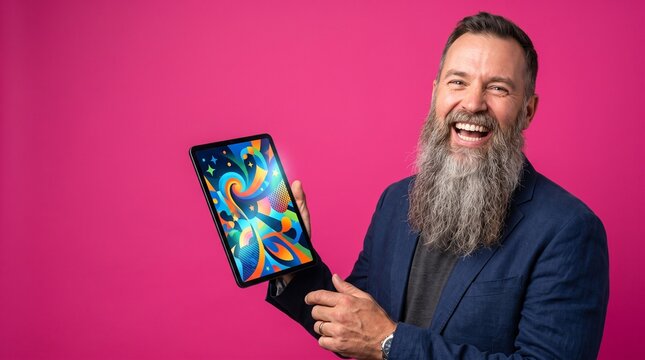 Man with long beard smiling while holding tablet on pink background  