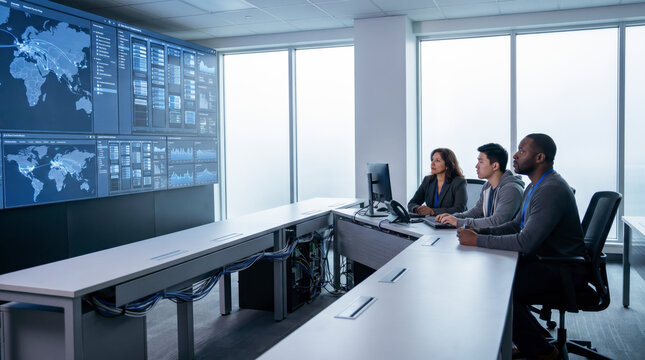 Team meeting in a data center control room with a large global monitoring display