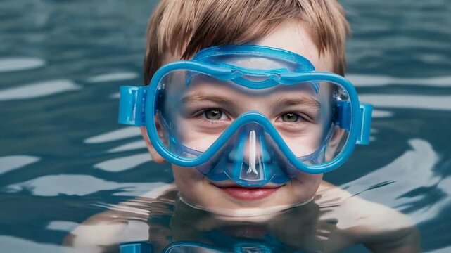 Happy boy wearing a blue diving mask, his face partially submerged in a swimming pool, looks directly at the camera, creating a playful and joyful summer scene