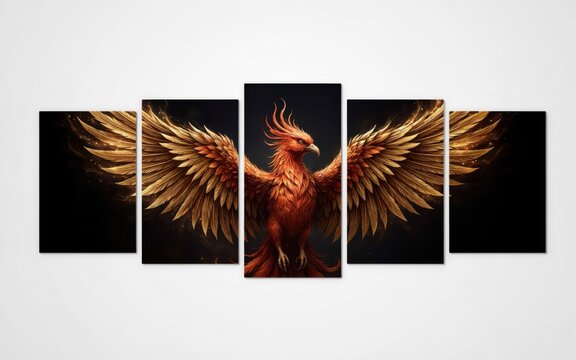 Vibrant orange phoenix with golden wings spread wide on dark background in five panel art