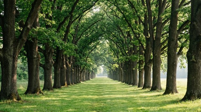 Symmetrical alley of oak trees in a green park