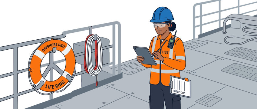 Female worker in hard hat and safety vest inspecting on a ship deck with tablet
