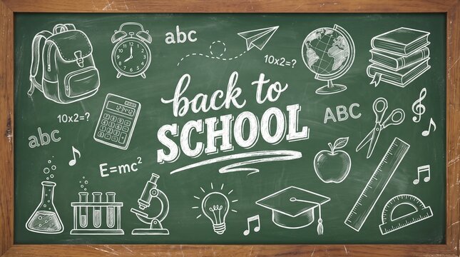 Educational back to school chalkboard background with hand drawn academic icons with illustrations school supplies