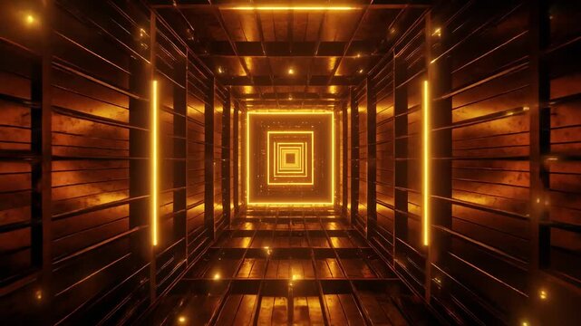 Golden hour library corridor with warm lighting and
