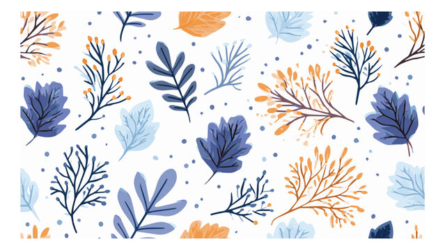 Elegant botanical pattern with blue and orange leaves and branches on white background suitable for floral design and textile backgrounds