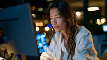 Naklejka premium Night-shift paralegal illuminated by monitor reviewing thousands of electronically produced documents applying relevance codes, privilege log maintenance, discovery deadline pressure, e-discovery pl