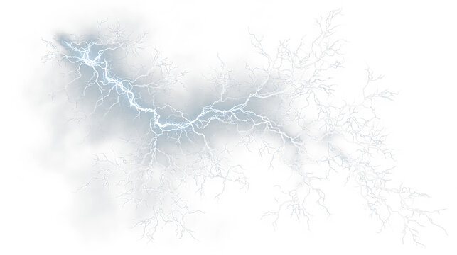 Blue and white lightning bolt with cloud outline isolated on transparent background during a storm event, light overlay, PNG