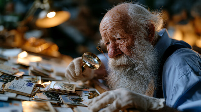 Retired postmaster with magnifying loupe sorting Victorian-era postcard collection across wide wooden sorting table at twilight, each card organized by decade and postmark region, archival gloves pr