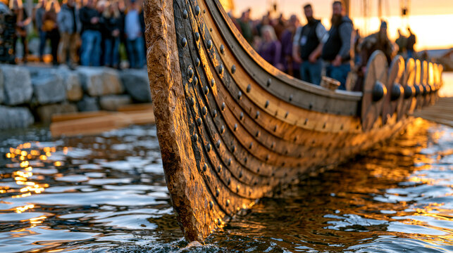 Shipwrights and maritime heritage volunteers lowering reconstructed Viking longship into northern fjord harbor at golden hour, replica shields mounted along gunwale, crowd of historians and journali
