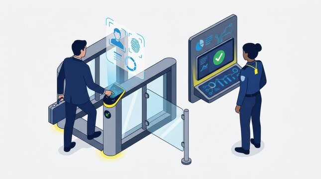 A security guard supervises an identity verification checkpoint while a person uses a biometric scanner for access.