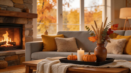 Fototapeta premium Cozy living room with fireplace and autumn decor