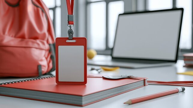 Blank id card holder mockup with lanyard on a desk, school or office setting back to school photo