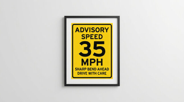 Advisory Speed 35 Mph Sharp Bend Ahead Drive With Care Road Sign Framed