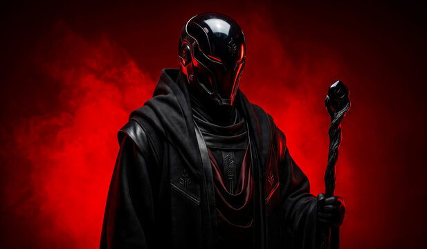 Dark Hooded Sorcerer With Black Mask And Twisted Staff Against Red Smoke Background