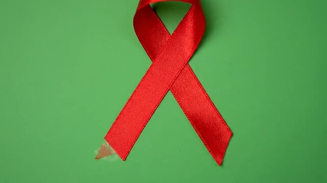 A vibrant red awareness ribbon rests against a solid green background
