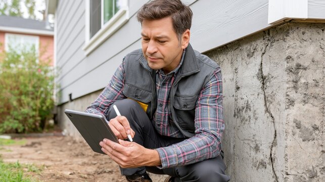 Professional inspector examines foundation cracks with a tablet computer