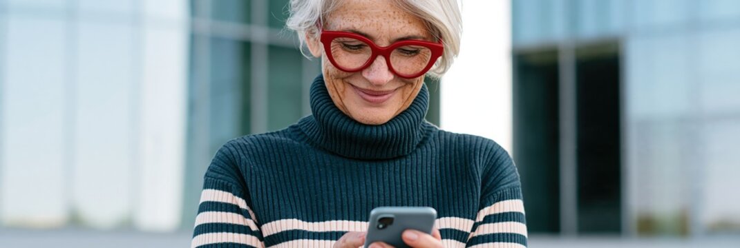 Senior woman reading smartphone outdoors in front of office building for business communication banner and contemporary mobile lifestyle imagery