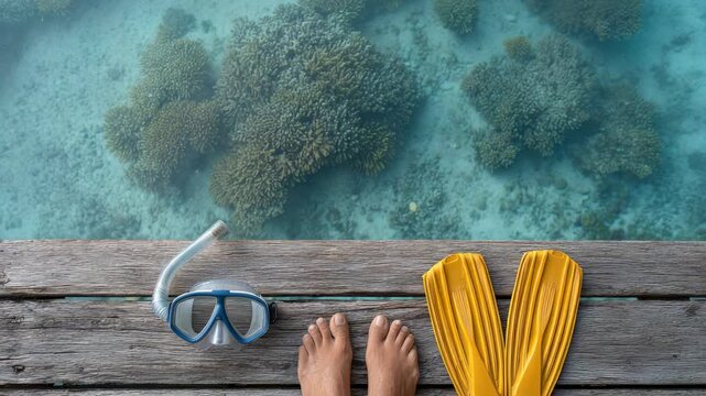 Barefoot tourist stands on a wooden pier, yellow diving fins and a snorkeling mask placed beside the feet, ready to explore the vibrant coral reef below the turquoise water surface