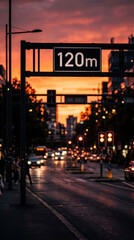 Fototapeta premium Urban Sunset Cityscape Distant City Lights And Traffic Sign