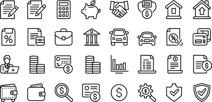 Personal loan and banking line icon pack with credit card automobile insurance real estate house mortgage contract symbols