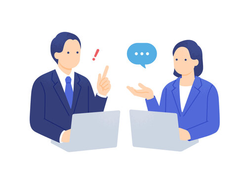 ノートパソコンを見ながら提案する女性と気づく男性 打ち合わせのイラスト素材