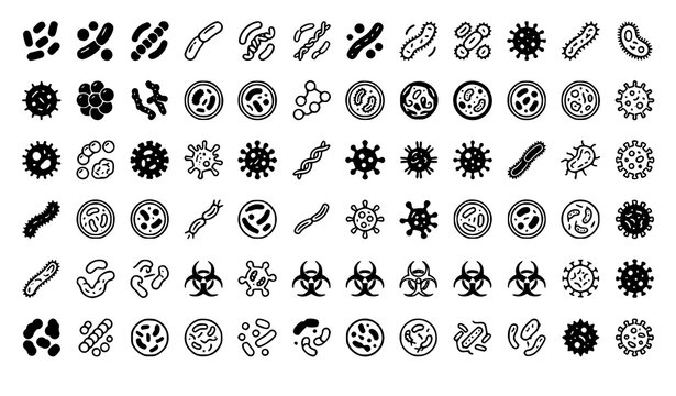 Bacteria Vector Icon Set with Microbe Germ Microbiology Solid and Outline Symbols