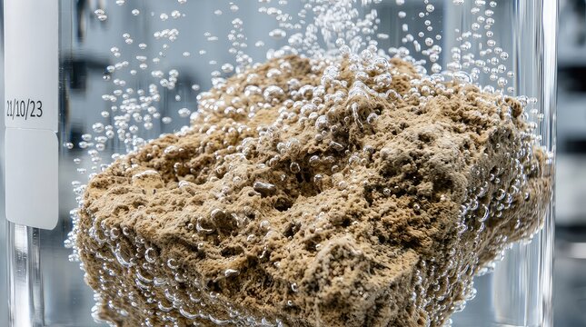 Luxury macro photograph of a naturally textured sandstone fragment submerged in laboratory-grade liquid with sparkling gas bubbles escaping from its surface