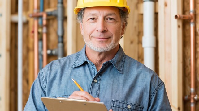 Experienced building inspector checking plumbing rough-in with clipboard and pencil