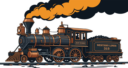 Vintage wild west steam locomotive train vector illustration blowing thick smoke clouds on railway track isola © Shuvo