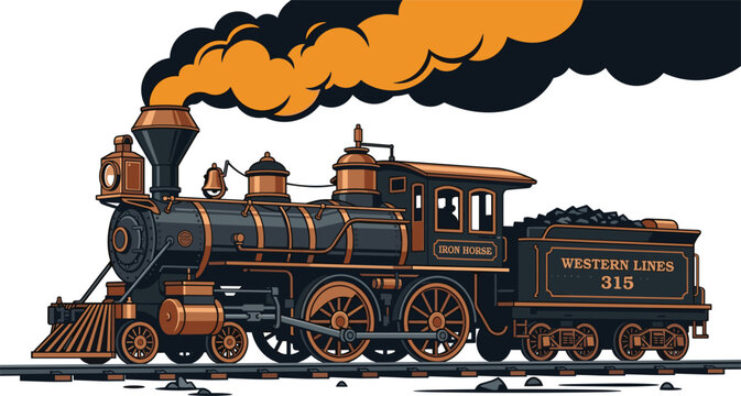Vintage wild west steam locomotive train vector illustration blowing thick smoke clouds on railway track isola