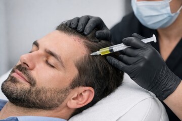 Fototapeta na wymiar Hair restoration injection procedure on patient head. Ai generative