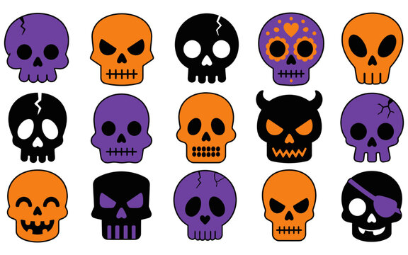 Colorful Skull Icons Set in Line Art Style for Halloween and Day of the Dead Designs