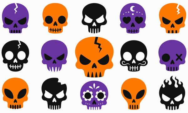 Colorful Halloween Skull Icons Set with Spooky Expressions and Bright Colors