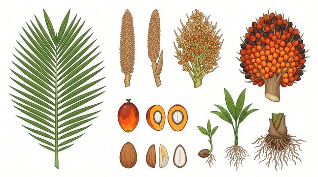 Explores the oil palm plant showing its leaf, flowers, ripe fruit, seed kernel, and young sprouts