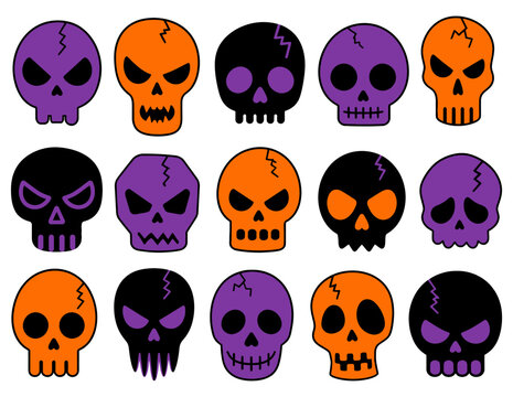 Colorful Skull Icons Set with Halloween Style Line Art and Outline Design
