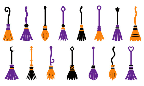 Colorful Halloween-themed witch hats with orange, purple, and black designs, festive and playful illustration