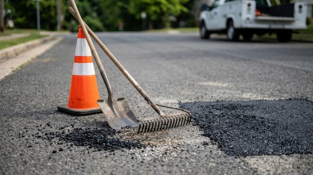 A traffic cone, shovel, and rake positioned on fresh asphalt at an active road repair site, representing essential equipment used for pavement patching and street maintenance. 
