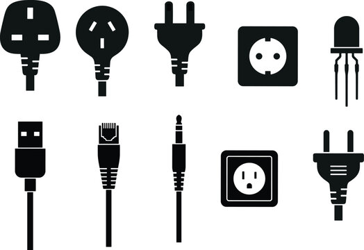 Minimal Electrical Plug and Power Connector Icons Set with USB Cable Socket Adapter and Electronic Interface Symbols Vector Collection