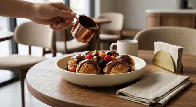 Close up of chocolate glazed profiteroles filled with vanilla cream, served with fresh berries. Rich dessert with glossy texture and indulgent presentation.