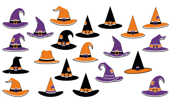Vector Illustration of Halloween Witch Hats in Various Colors and Styles