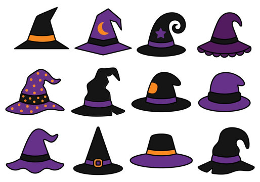 Vector Illustration of Various Witch Hats in Different Styles and Colors