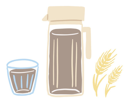 香ばしい冷たい麦茶とピッチャーの手描きイラスト / Hand-drawn illustration of a pitcher and a glass of refreshing, aromatic chilled barley tea.