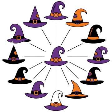 Vector Illustration of Witch Hats in Circular Arrangement with Halloween Theme