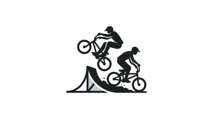 Obraz premium Minimalist silhouette illustration of two BMX cyclists performing stunts on a ramp.